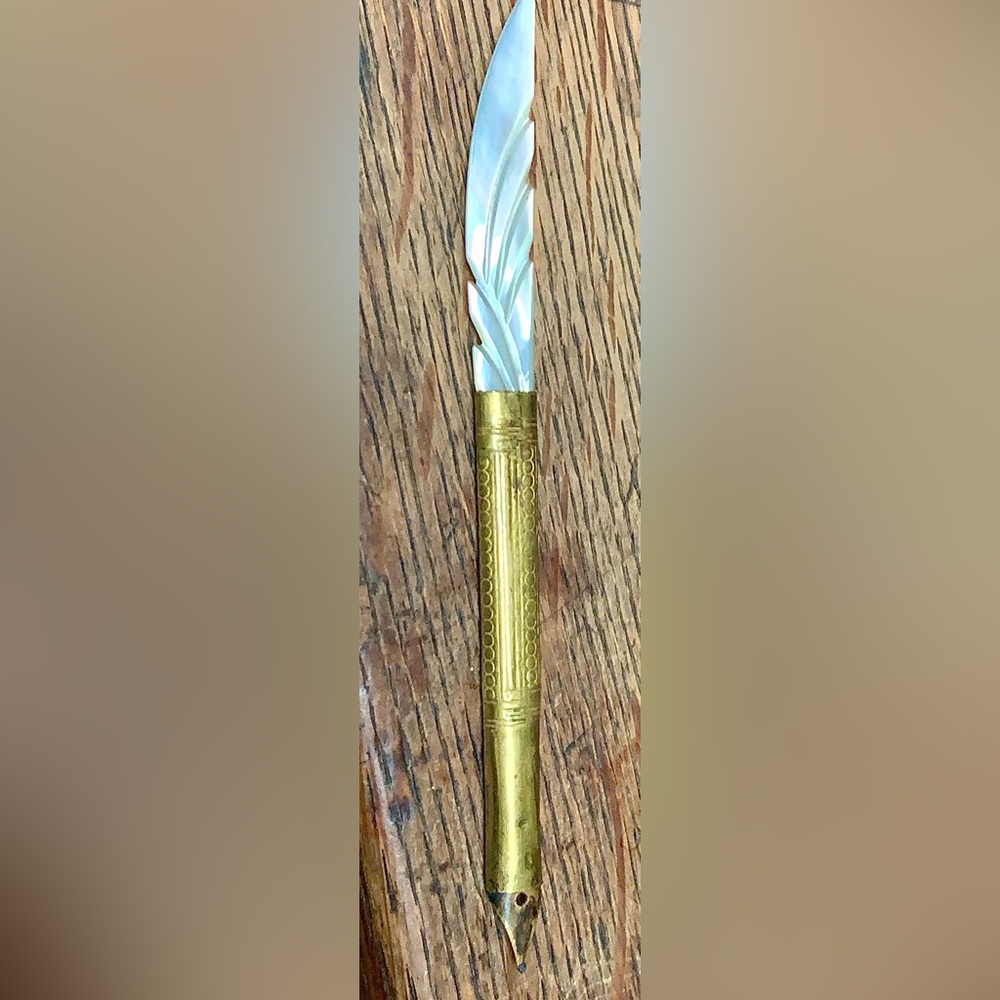Early 20th Century Gold Tone Mother of Pearl Letter Opener Fountain Pen Quill